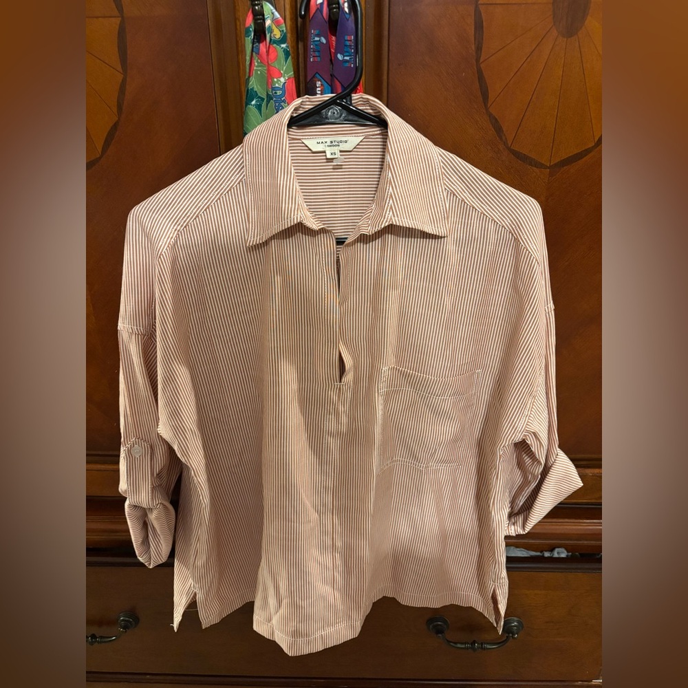 Max Studio Pink & White Striped Collared Pullover Shirt